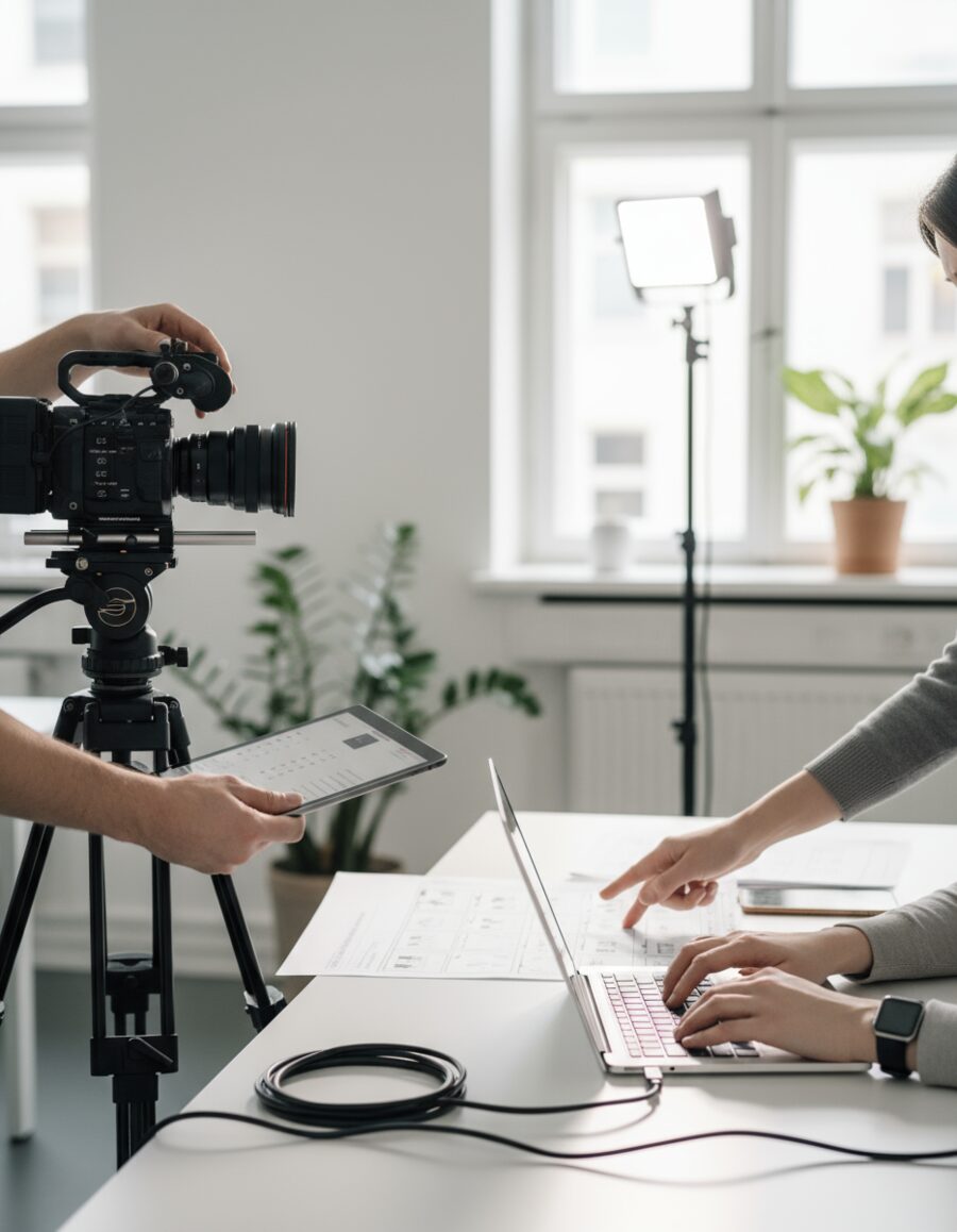 Videoproduktion in hellen Büroräumen mit Kamera, Licht und Nachbearbeitung am Laptop