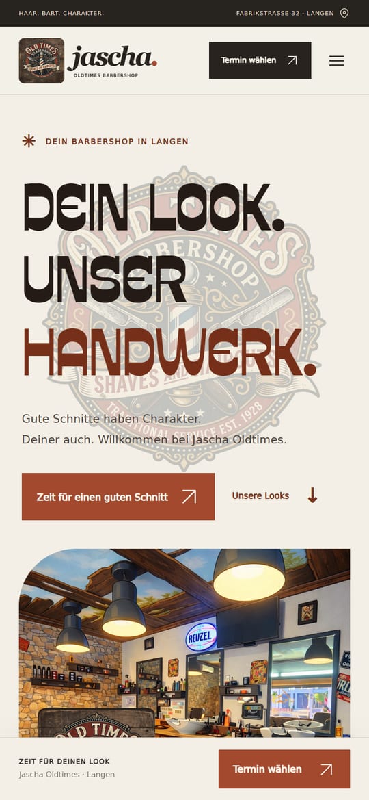 Website des Jascha Oldtimes Barbershop am Smartphone